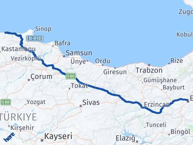 Kastamonu Bozkurt Erzurum Arası Kaç Km - Yol Haritası