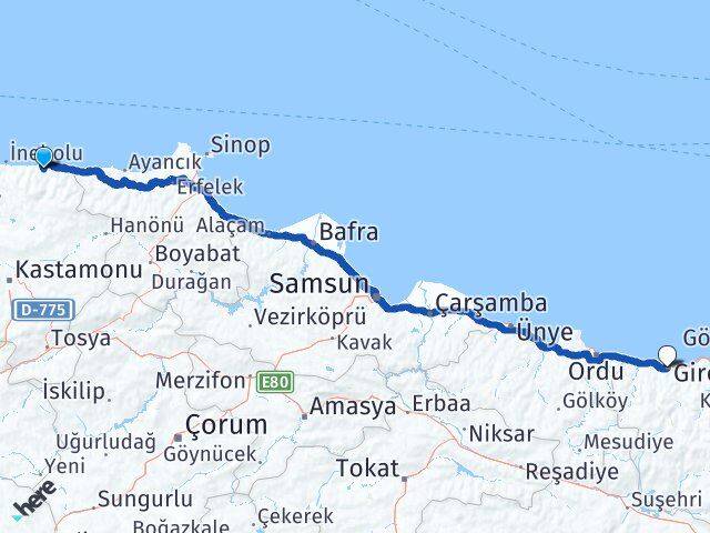 Kastamonu Bozkurt Giresun Arası Kaç Km - Yol Haritası