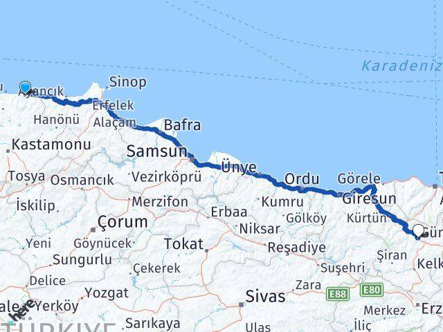 Kastamonu Bozkurt Gümüşhane Arası Kaç Km - Yol Haritası