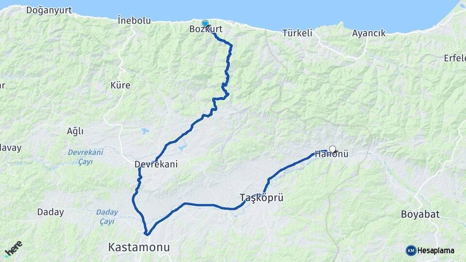 Kastamonu Bozkurt Hanönü Arası Kaç Km - Yol Haritası