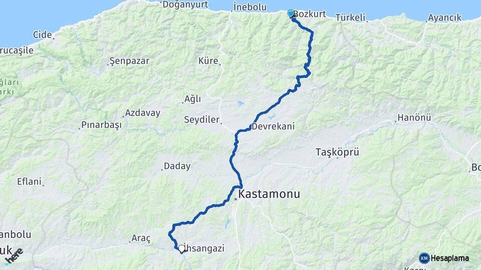 Kastamonu Bozkurt İhsangazi Arası Kaç Km - Yol Haritası