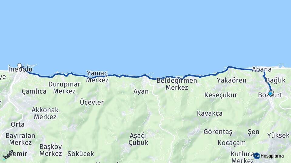 Kastamonu Bozkurt İnebolu Arası Kaç Km - Yol Haritası