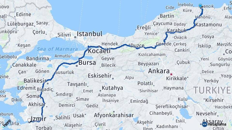 Kastamonu Bozkurt İzmir Arası Kaç Km - Yol Haritası