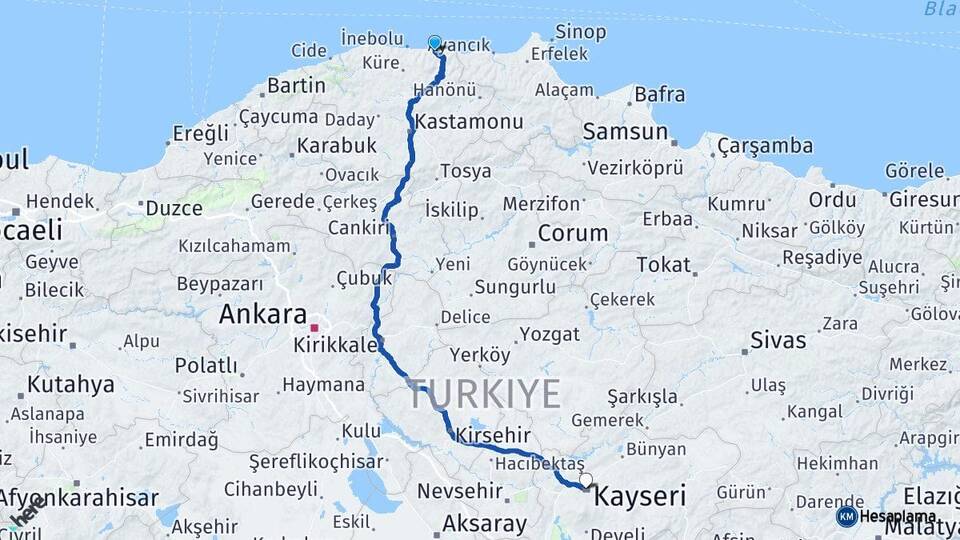 Kastamonu Bozkurt Kayseri Arası Kaç Km - Yol Haritası