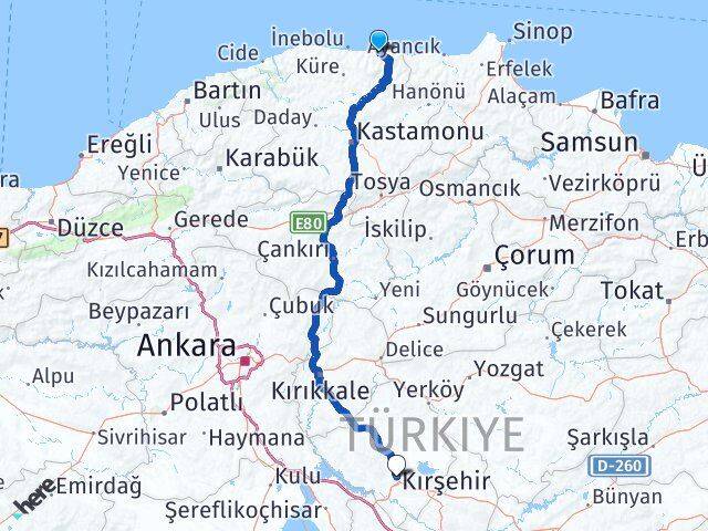 Kastamonu Bozkurt Kırşehir Arası Kaç Km - Yol Haritası