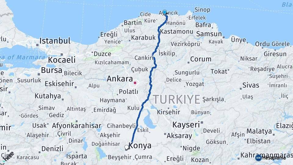 Kastamonu Bozkurt Konya Arası Kaç Km - Yol Haritası