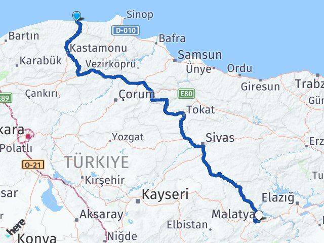 Kastamonu Bozkurt Malatya Arası Kaç Km - Yol Haritası