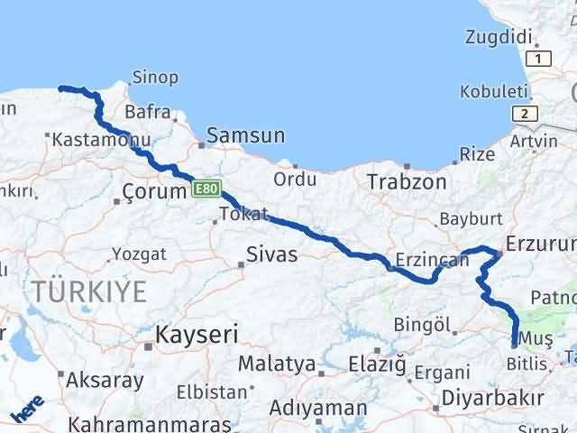 Kastamonu Bozkurt Muş Arası Kaç Km - Yol Haritası
