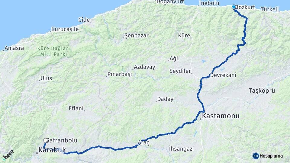 Kastamonu Bozkurt Safranbolu Karabük Arası Kaç Km - Yol Haritası