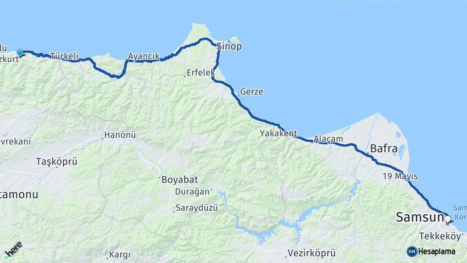 Kastamonu Bozkurt Samsun Arası Kaç Km - Yol Haritası