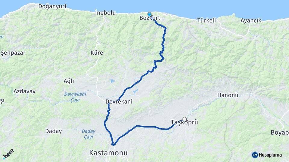 Kastamonu Bozkurt Taşköprü Arası Kaç Km - Yol Haritası