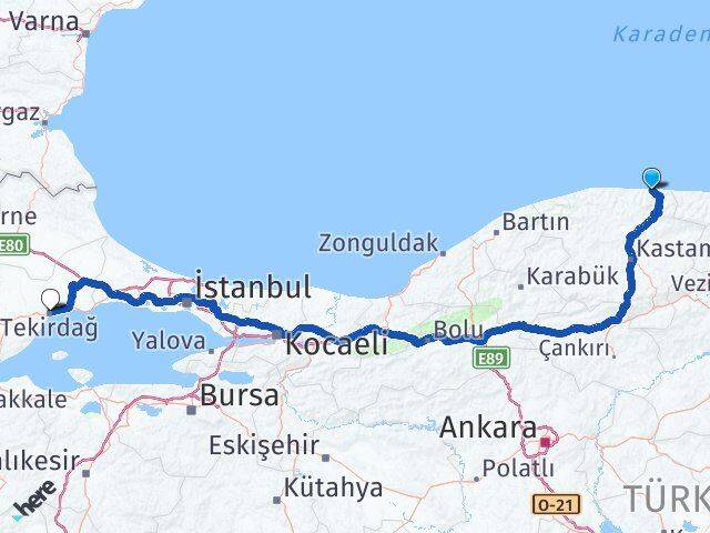 Kastamonu Bozkurt Tekirdağ Arası Kaç Km - Yol Haritası