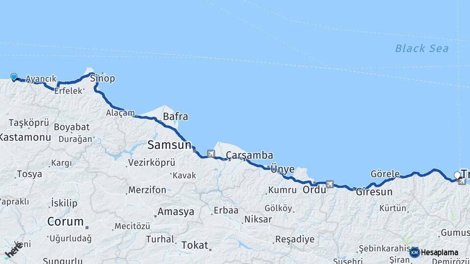 Kastamonu Bozkurt Trabzon Arası Kaç Km - Yol Haritası