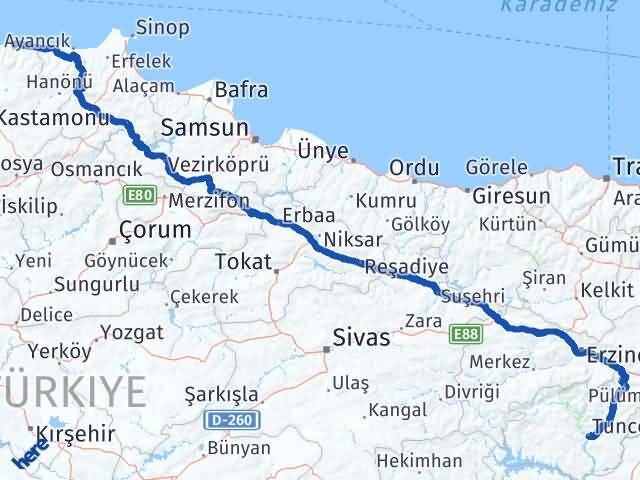 Kastamonu Bozkurt Tunceli Arası Kaç Km - Yol Haritası