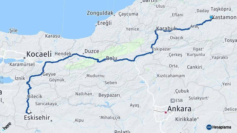 Kastamonu Bozüyük Bilecik Arası Kaç Km - Yol Haritası