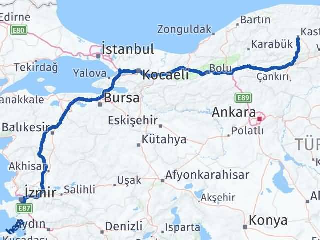 Kastamonu Buca İzmir Arası Kaç Km - Yol Haritası