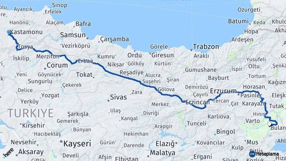 Kastamonu Bulanık Muş Arası Kaç Km - Yol Haritası