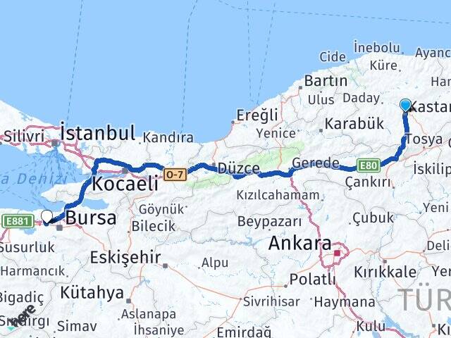 Kastamonu Bursa Uludağ Üniversitesi Arası Kaç Km - Yol Haritası
