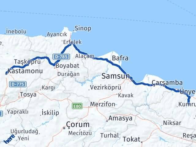 Kastamonu Çamaş Ordu Arası Kaç Km - Yol Haritası