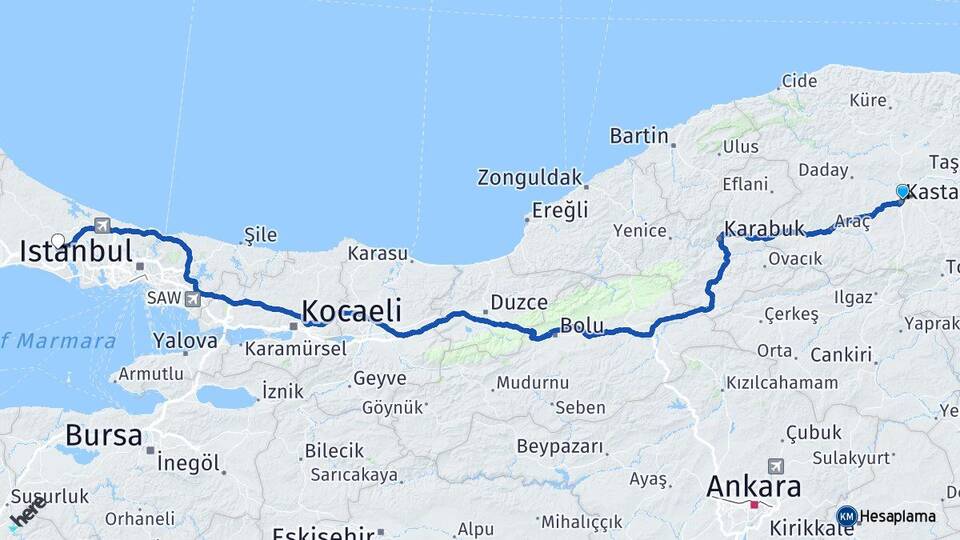 Kastamonu Çatalca İstanbul Arası Kaç Km - Yol Haritası