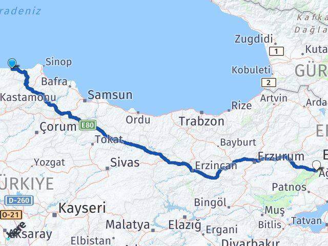 Kastamonu Çatalzeytin Ağrı Arası Kaç Km - Yol Haritası