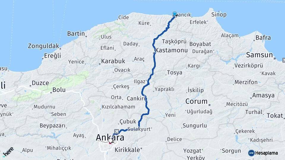 Kastamonu Çatalzeytin Ankara Arası Kaç Km - Yol Haritası
