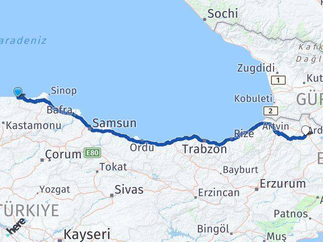 Kastamonu Çatalzeytin Ardahan Arası Kaç Km - Yol Haritası