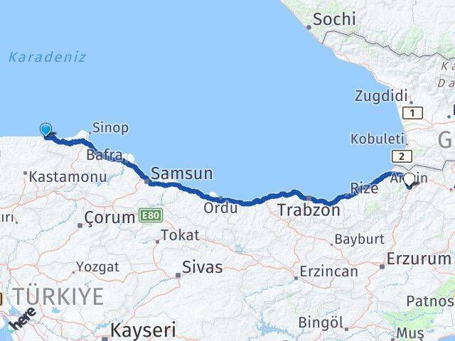 Kastamonu Çatalzeytin Artvin Arası Kaç Km - Yol Haritası