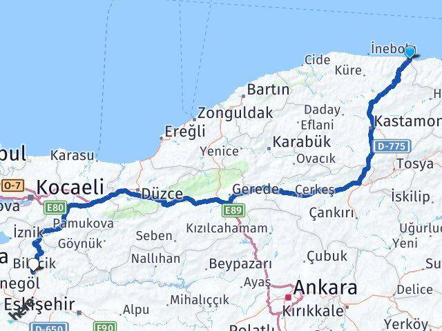 Kastamonu Çatalzeytin Bilecik Arası Kaç Km - Yol Haritası