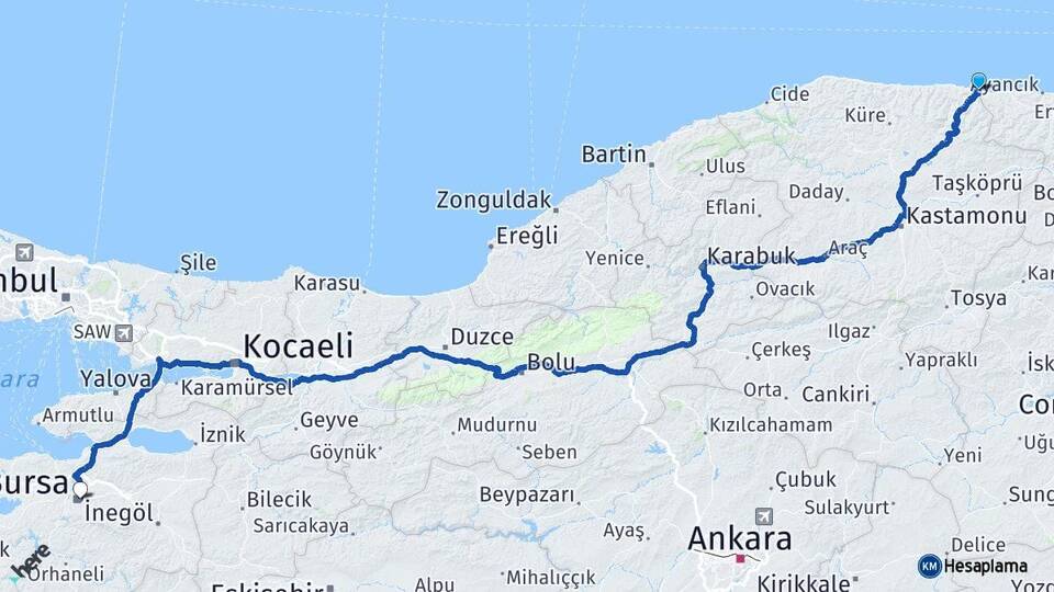 Kastamonu Çatalzeytin Bursa Arası Kaç Km - Yol Haritası