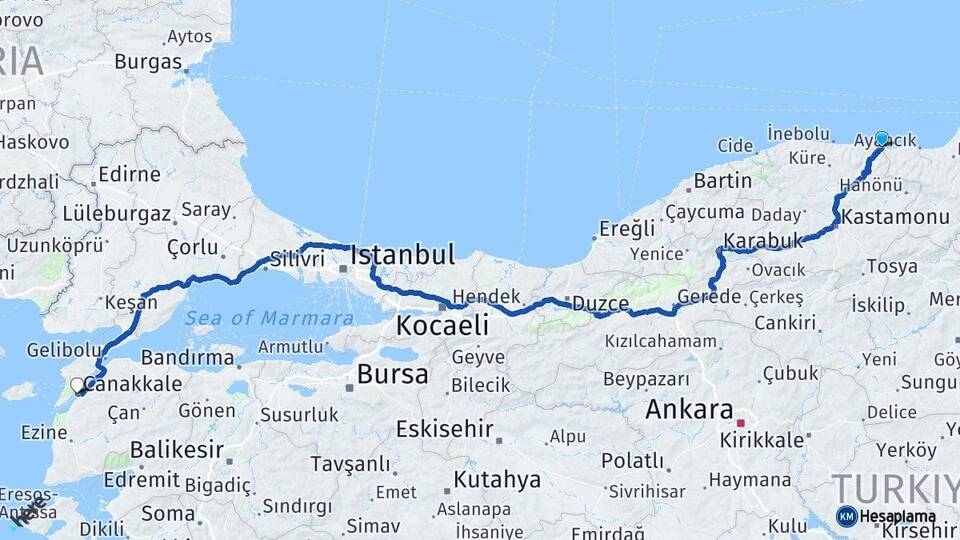 Kastamonu Çatalzeytin Çanakkale Arası Kaç Km - Yol Haritası