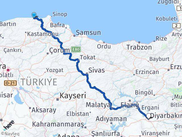 Kastamonu Çatalzeytin Diyarbakır Arası Kaç Km - Yol Haritası