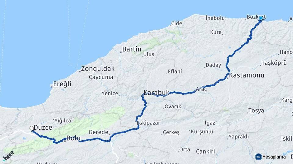 Kastamonu Çatalzeytin Düzce Arası Kaç Km - Yol Haritası