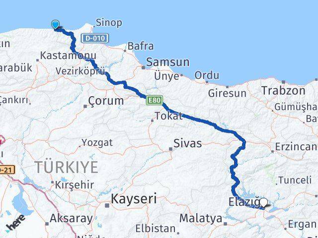 Kastamonu Çatalzeytin Elazığ Arası Kaç Km - Yol Haritası