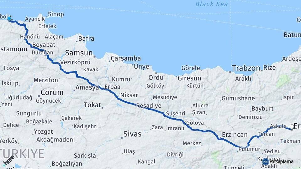 Kastamonu Çatalzeytin Erzurum Arası Kaç Km - Yol Haritası