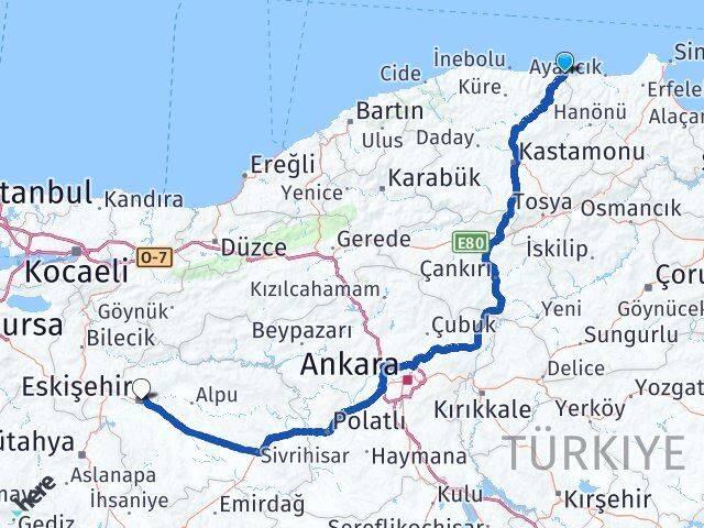 Kastamonu Çatalzeytin Eskişehir Arası Kaç Km - Yol Haritası