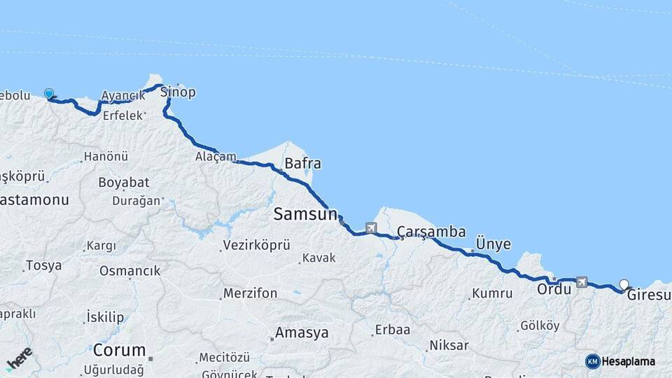 Kastamonu Çatalzeytin Giresun Arası Kaç Km - Yol Haritası