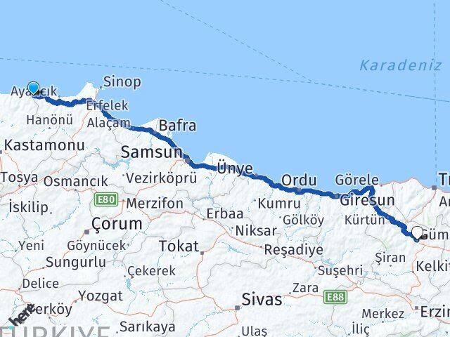 Kastamonu Çatalzeytin Gümüşhane Arası Kaç Km - Yol Haritası