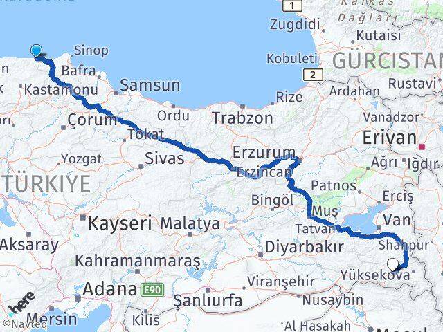 Kastamonu Çatalzeytin Hakkari Arası Kaç Km - Yol Haritası