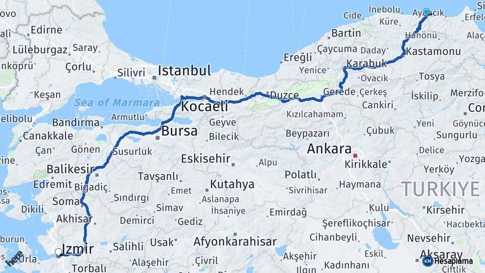 Kastamonu Çatalzeytin İzmir Arası Kaç Km - Yol Haritası