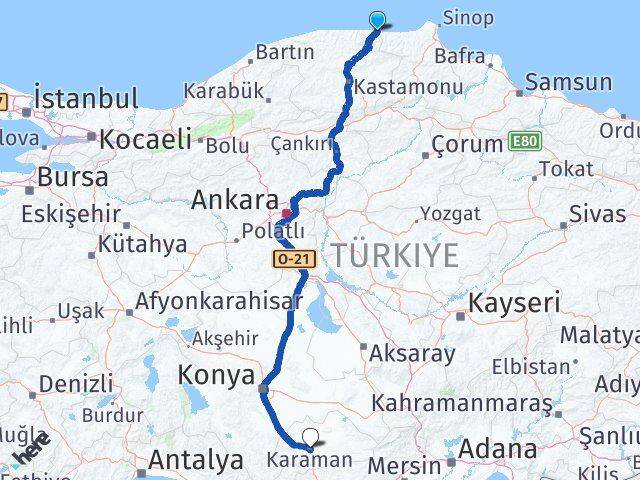 Kastamonu Çatalzeytin Karaman Arası Kaç Km - Yol Haritası