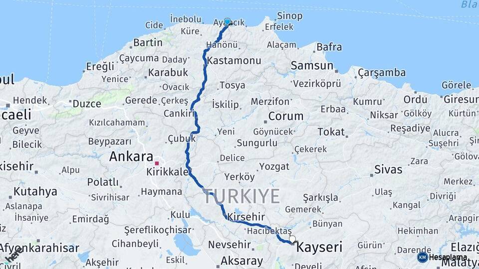 Kastamonu Çatalzeytin Kayseri Arası Kaç Km - Yol Haritası