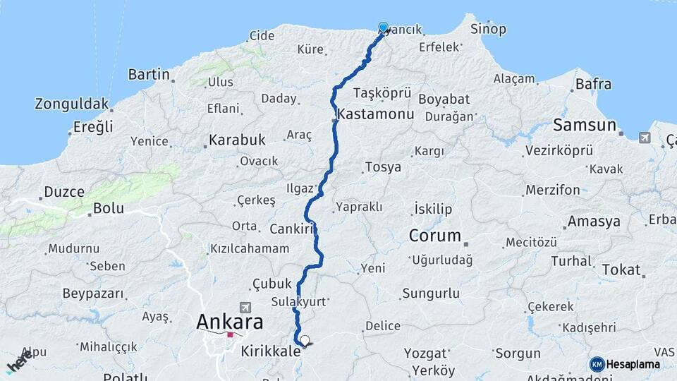 Kastamonu Çatalzeytin Kırıkkale Arası Kaç Km - Yol Haritası