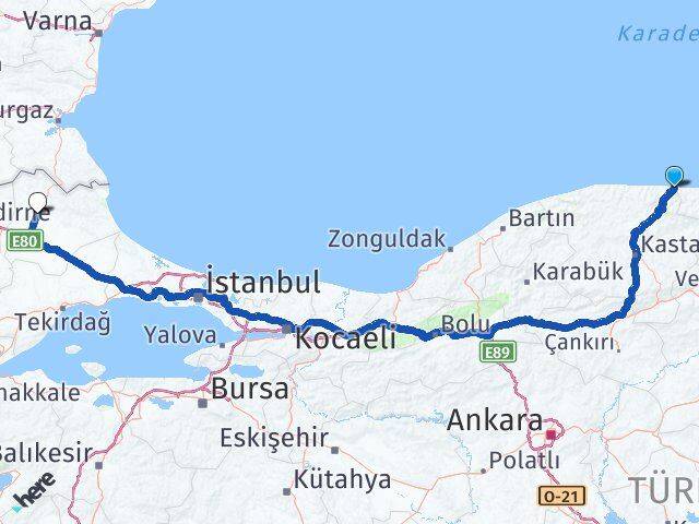 Kastamonu Çatalzeytin Kırklareli Arası Kaç Km - Yol Haritası