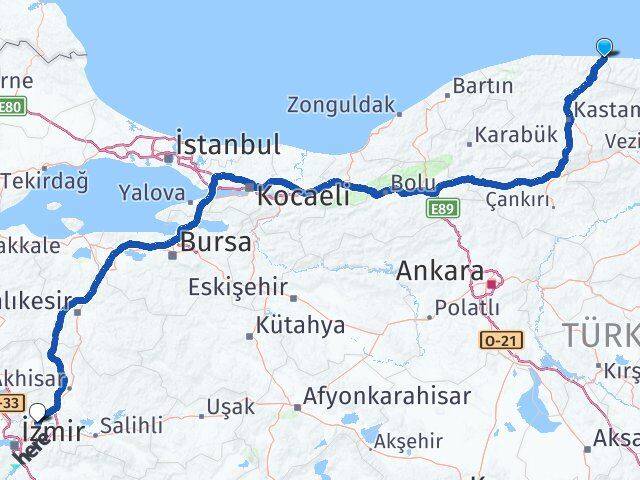 Kastamonu Çatalzeytin Manisa Arası Kaç Km - Yol Haritası