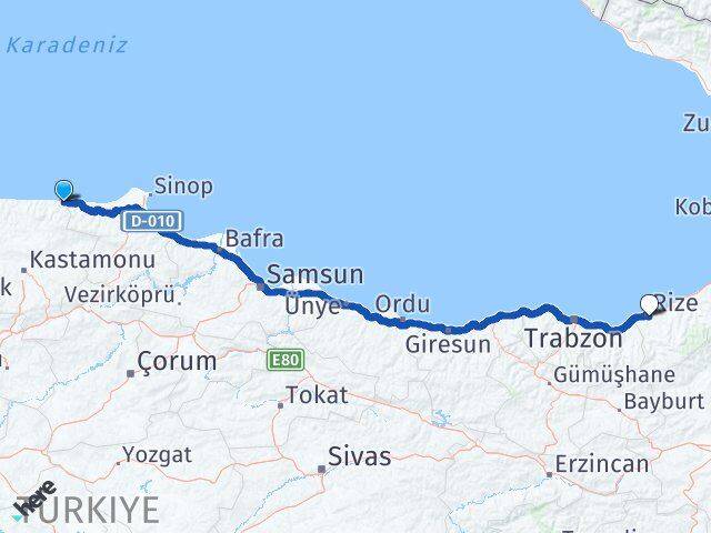 Kastamonu Çatalzeytin Rize Arası Kaç Km - Yol Haritası