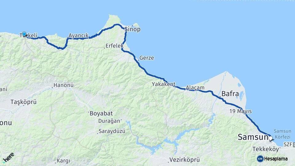 Kastamonu Çatalzeytin Samsun Arası Kaç Km - Yol Haritası