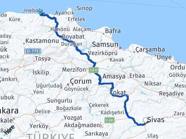 Kastamonu Çatalzeytin Sivas Arası Kaç Km - Yol Haritası