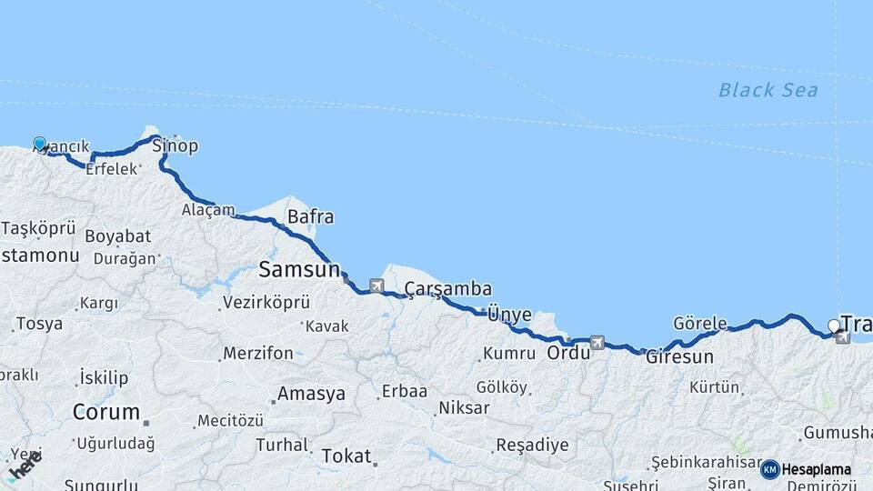 Kastamonu Çatalzeytin Trabzon Arası Kaç Km - Yol Haritası