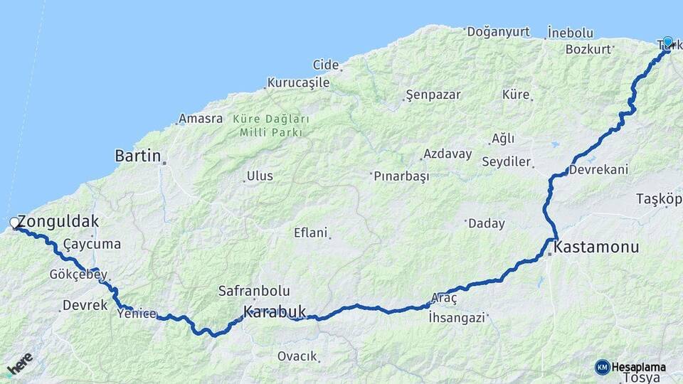 Kastamonu Çatalzeytin Zonguldak Arası Kaç Km - Yol Haritası